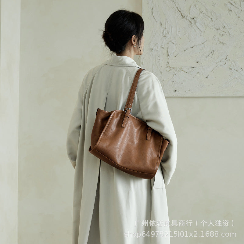Qiuzhen vegetable tanned first-layer cowhide ingot bowling bag portable crossbody bag retro genuine leather large-capacity commuter bag for women