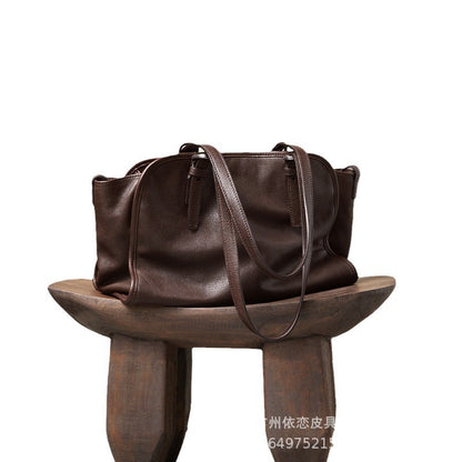 Qiuzhen vegetable tanned first-layer cowhide ingot bowling bag portable crossbody bag retro genuine leather large-capacity commuter bag for women