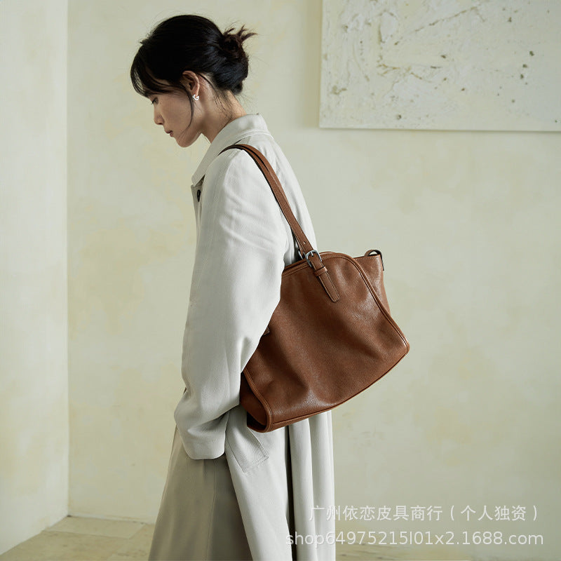 Qiuzhen vegetable tanned first-layer cowhide ingot bowling bag portable crossbody bag retro genuine leather large-capacity commuter bag for women