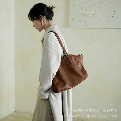 Qiuzhen vegetable tanned first-layer cowhide ingot bowling bag portable crossbody bag retro genuine leather large-capacity commuter bag for women