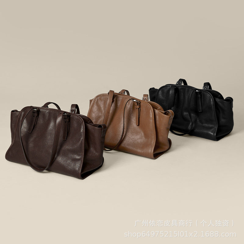 Qiuzhen vegetable tanned first-layer cowhide ingot bowling bag portable crossbody bag retro genuine leather large-capacity commuter bag for women