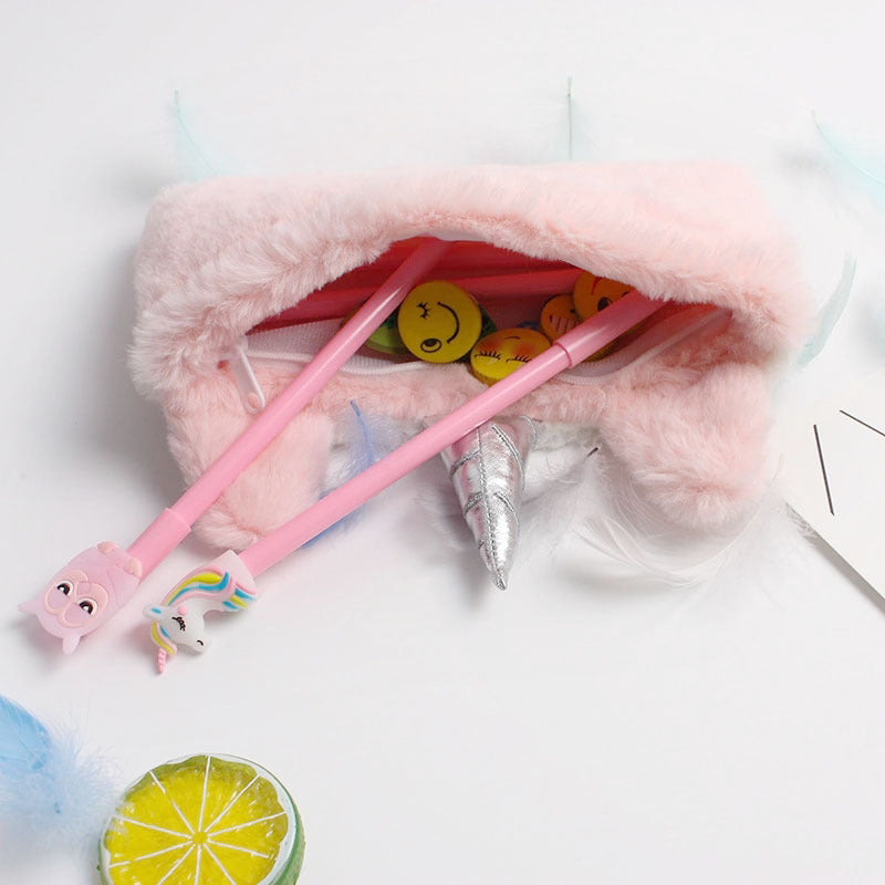 Cross-Border New Arrival Unicorn Pencil Case Girl Rainbow Stationery Case Student Cartoon Plush Pencil Bag Pencil Case Storage Cosmetic Bag